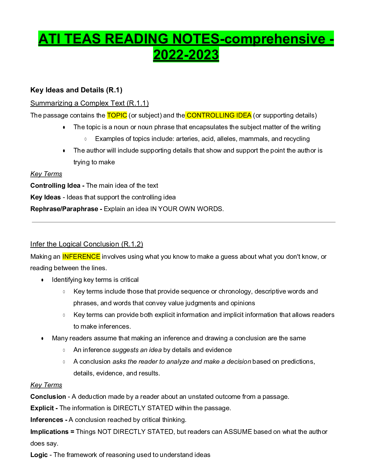 Preview image for ATI TEAS READING NOTES-comprehensive -2022-2023